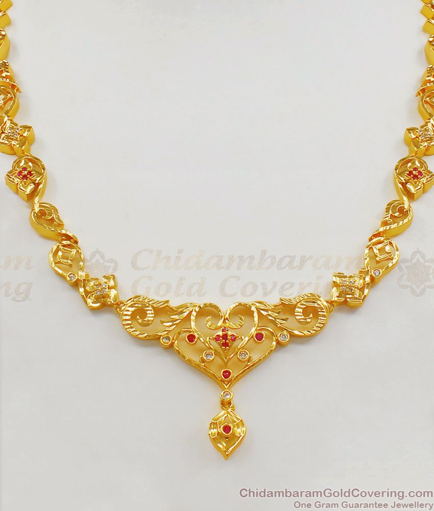 Fast Moving Sri Lankan Gold Necklace Design With Ruby And White Colour Stone pattern NCKN1908