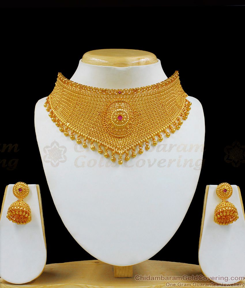 Luxury One Gram Gold Choker with Earrings Brides Jewelry Collections NCKN1941