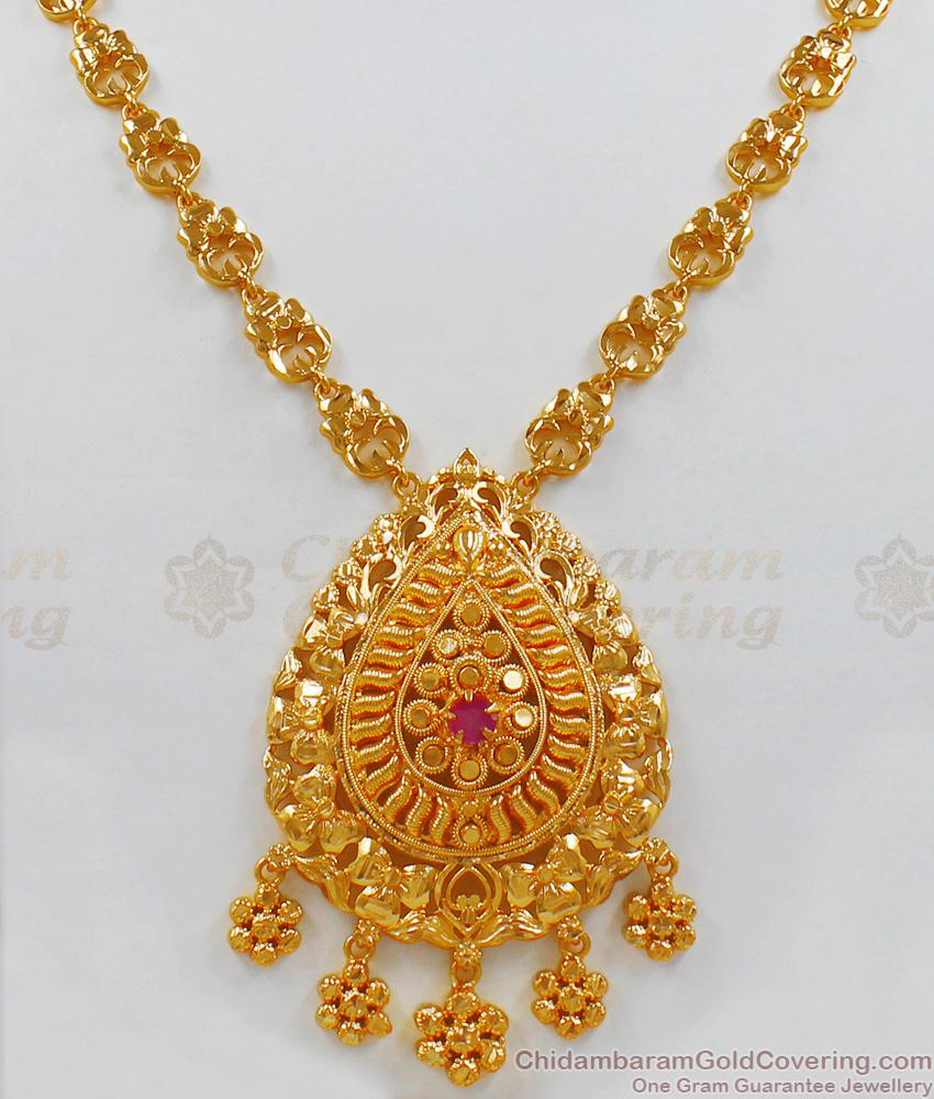 Flower Design Single Ruby Stone Gold Necklace Design For Women NCKN1956