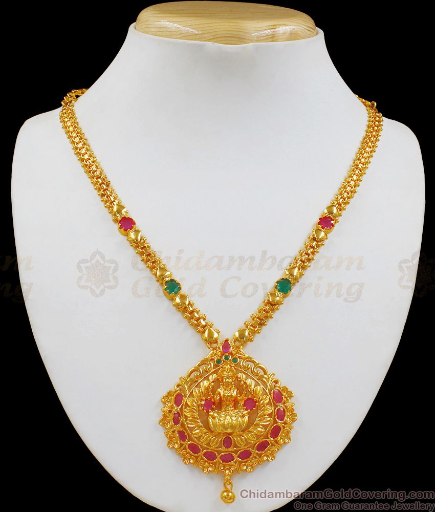 Traditional Lakshmi Design Ruby Emerald Stone Gold Necklace NCKN1971