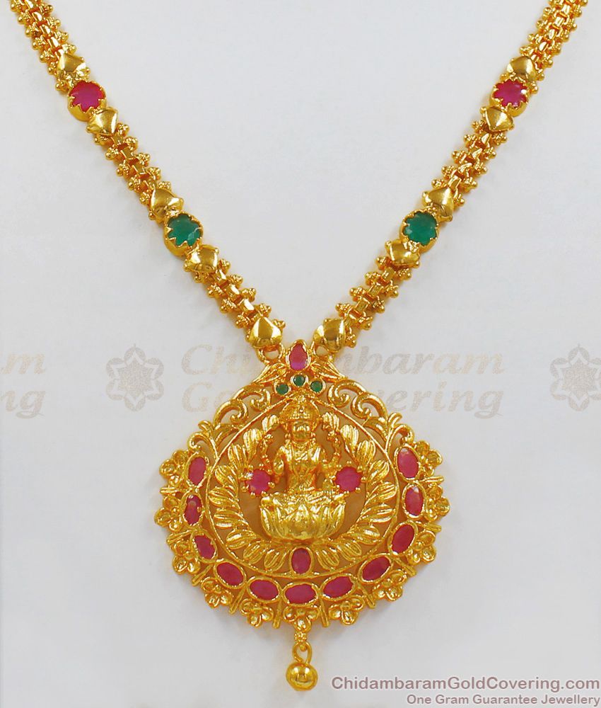 Traditional Lakshmi Design Ruby Emerald Stone Gold Necklace NCKN1971