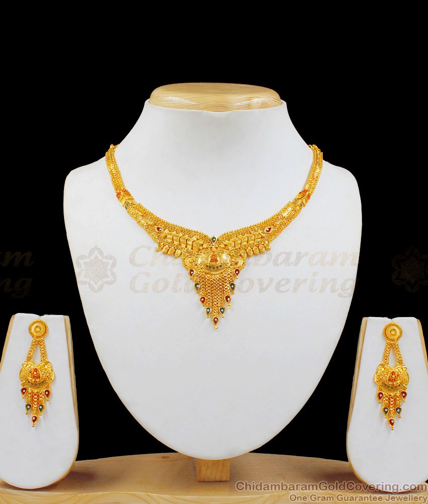 Simple Enamel Design Real Gold Necklace Set With Suitable Earrings NCKN1975