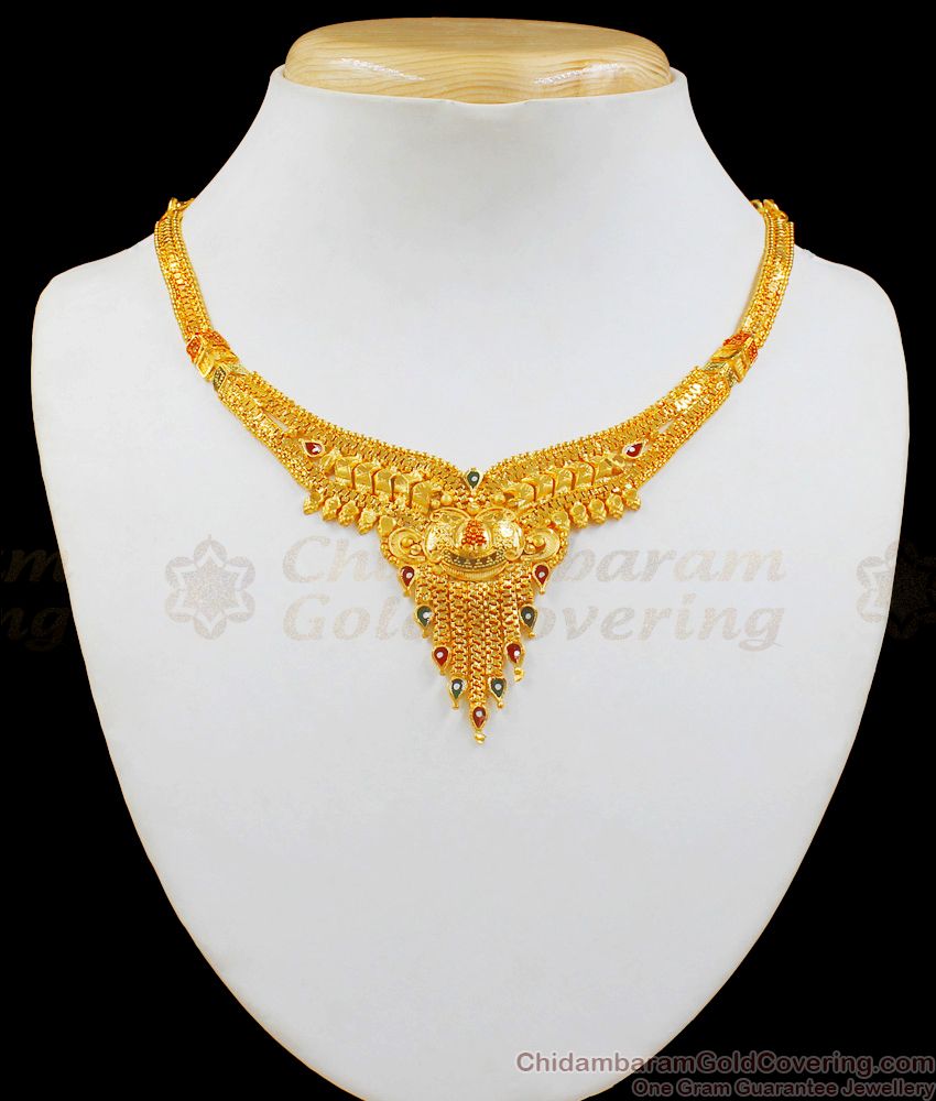 Simple Enamel Design Real Gold Necklace Set With Suitable Earrings NCKN1975