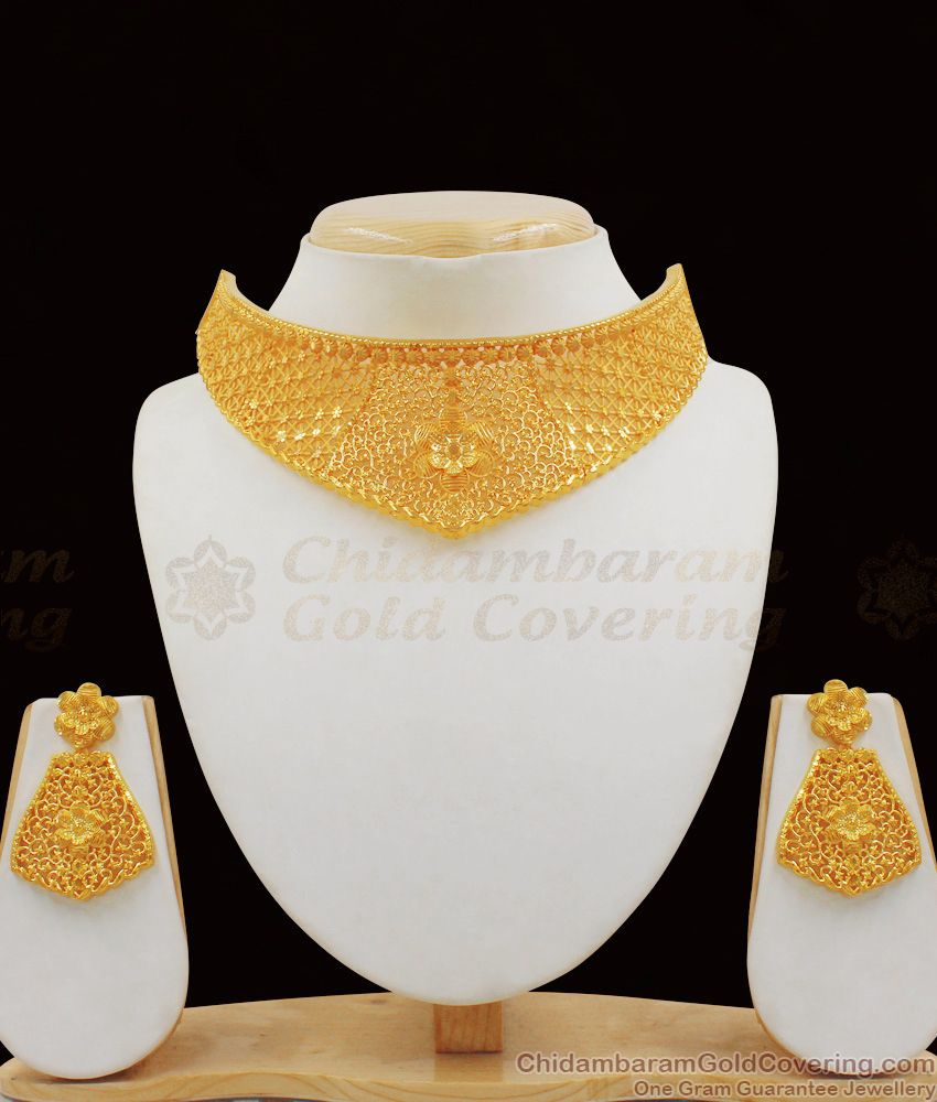 Bridal Wear Real Gold Choker Design Gold Necklace With Earrings NCKN1986