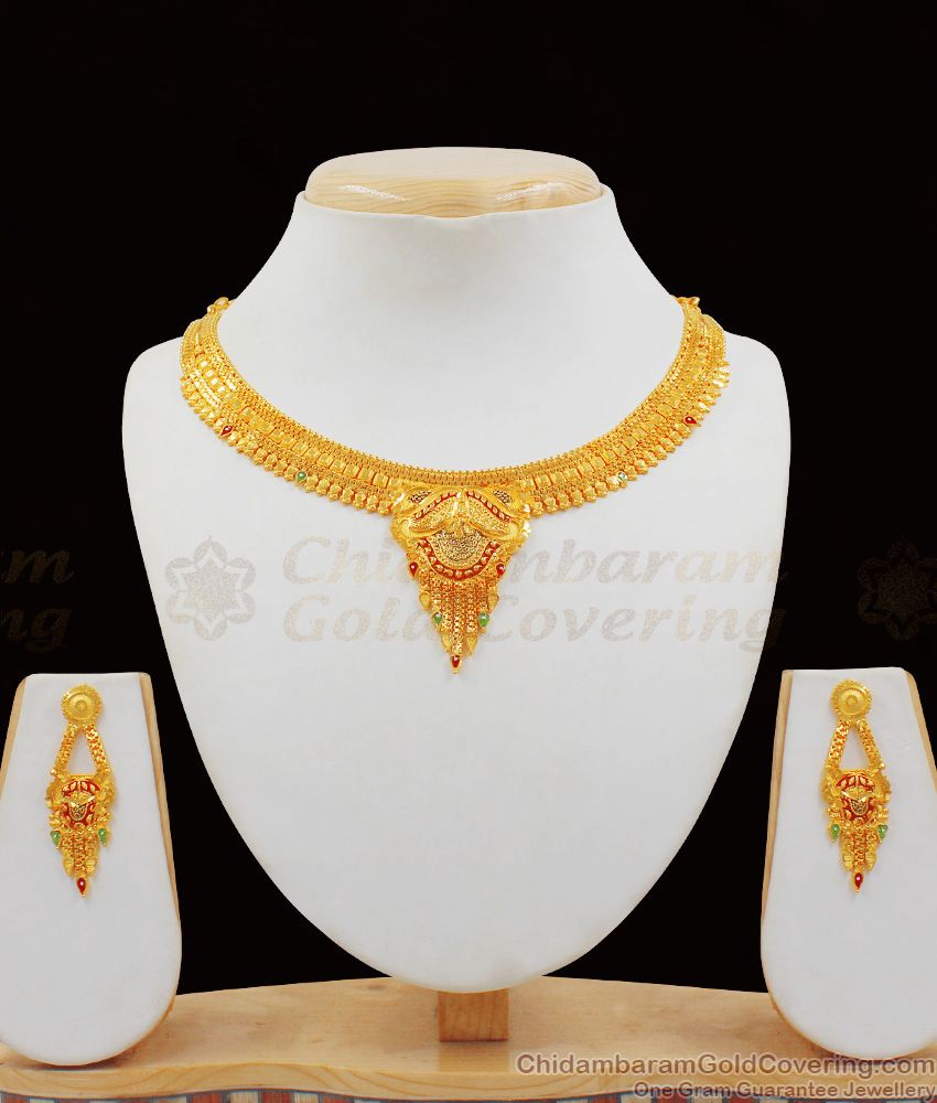 Gorgeous Enamel Gold Necklace With Earrings For Bride NCKN1987