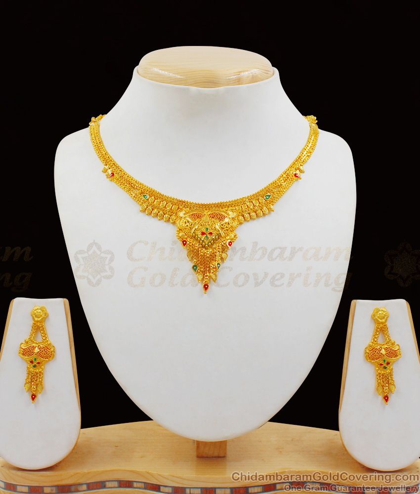 Real Gold Enamel Gold Necklace With Earrings Forming Pattern For Bride NCKN1997
