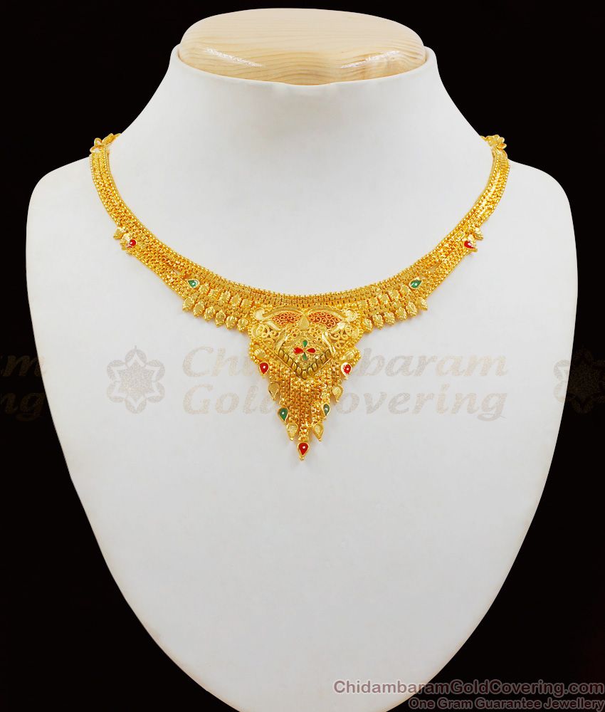 Real Gold Enamel Gold Necklace With Earrings Forming Pattern For Bride NCKN1997