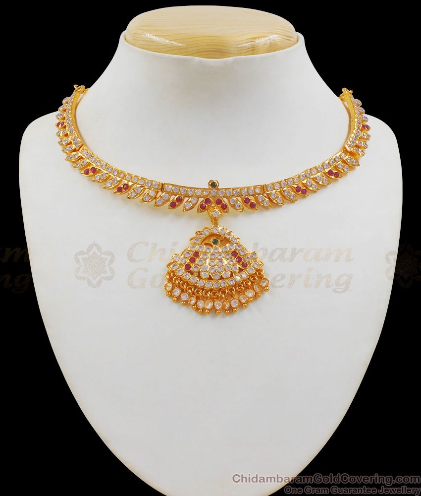 Real Impon Multi Stone Choker Type Gold Necklace For Bridal Wear NCKN1999