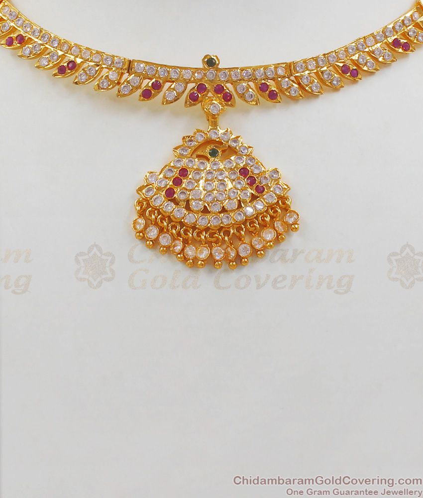 Real Impon Multi Stone Choker Type Gold Necklace For Bridal Wear NCKN1999