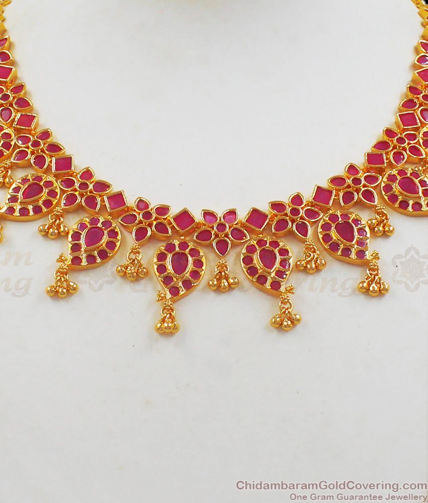 Latest Model Ruby Stone Gold Necklace Earrings Set NCKN2007