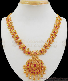 Unique Ruby Stone Gold Necklace With Peacock Design For Party Wear NCKN2014