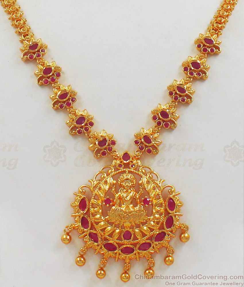 Lakshmi Dollar Ruby Stone Gold Necklace With Flower Pattern NCKN2015 Lakshmi Dollar Ruby Stone Gold Necklace With Flower Pattern NCKN2015