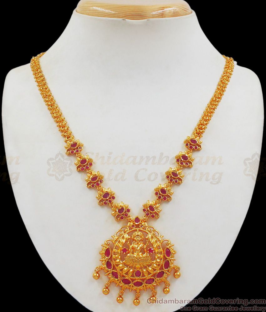 Lakshmi Dollar Ruby Stone Gold Necklace With Flower Pattern NCKN2015