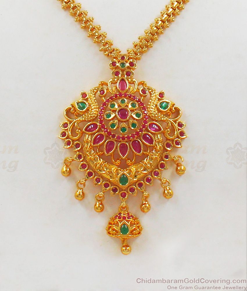 Stylish Peacock Design Ruby Emerald Stone Gold Necklace NCKN2019