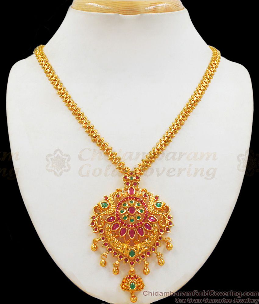 Stylish Peacock Design Ruby Emerald Stone Gold Necklace NCKN2019