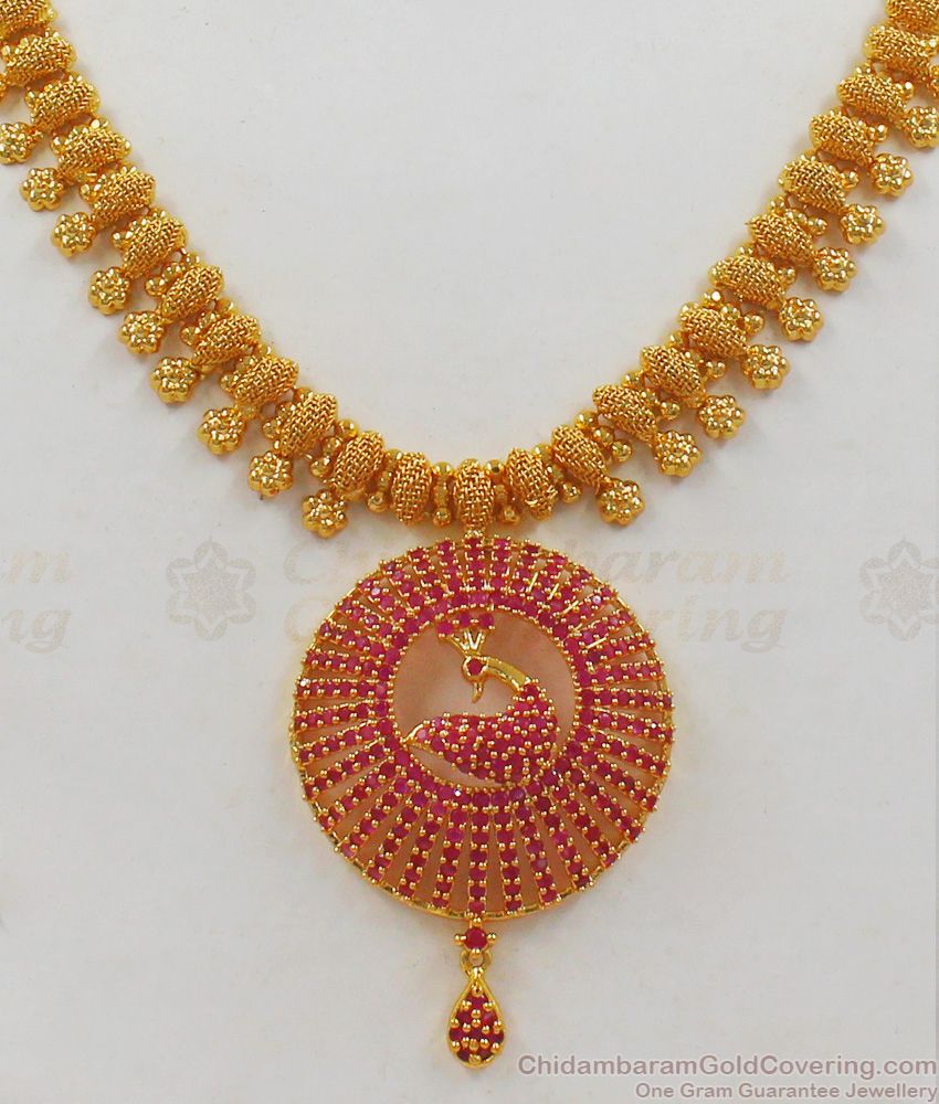 Latest Ruby Stone Premium Gold Necklace With Peacock Design Dollar NCKN2021 Latest Ruby Stone Premium Gold Necklace With Peacock Design Dollar NCKN2021