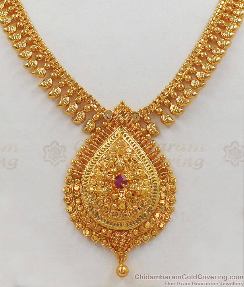 Rain Drop Gold Beads Single Ruby Stone Necklace NCKN2030