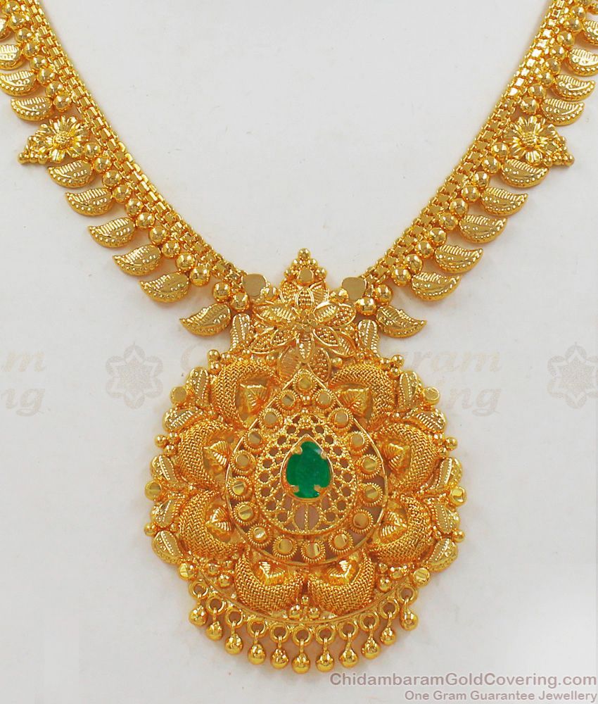 One Gram Gold Necklace Collections Big Dollar Emerald Stone NCKN2056