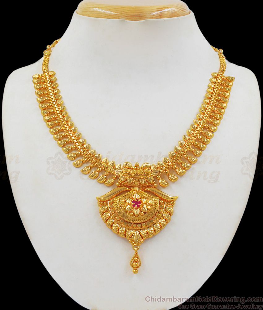 Single Ruby Stone One Gram Gold Necklace For Marriage NCKN2059