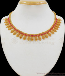 Kerala Net Type Ruby Stone Gold Necklace For Bridal Wear NCKN2064