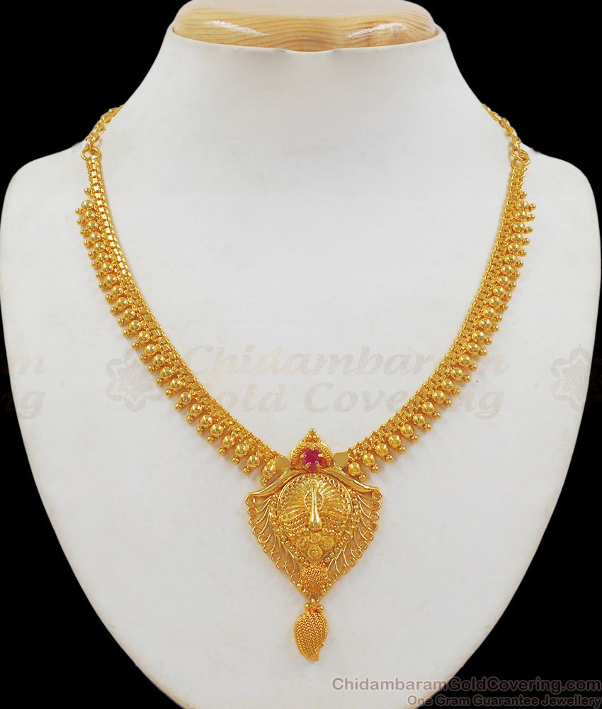3D Peacock Necklace One Gram Gold Jewelry Single Ruby Stone NCKN2068