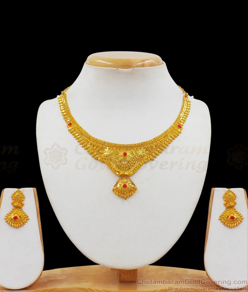 Latest Pavala Muthu Beads Real Gold Forming Necklace With Earrings Set NCKN2077