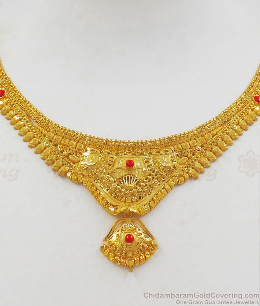 Latest Pavala Muthu Beads Real Gold Forming Necklace With Earrings Set NCKN2077