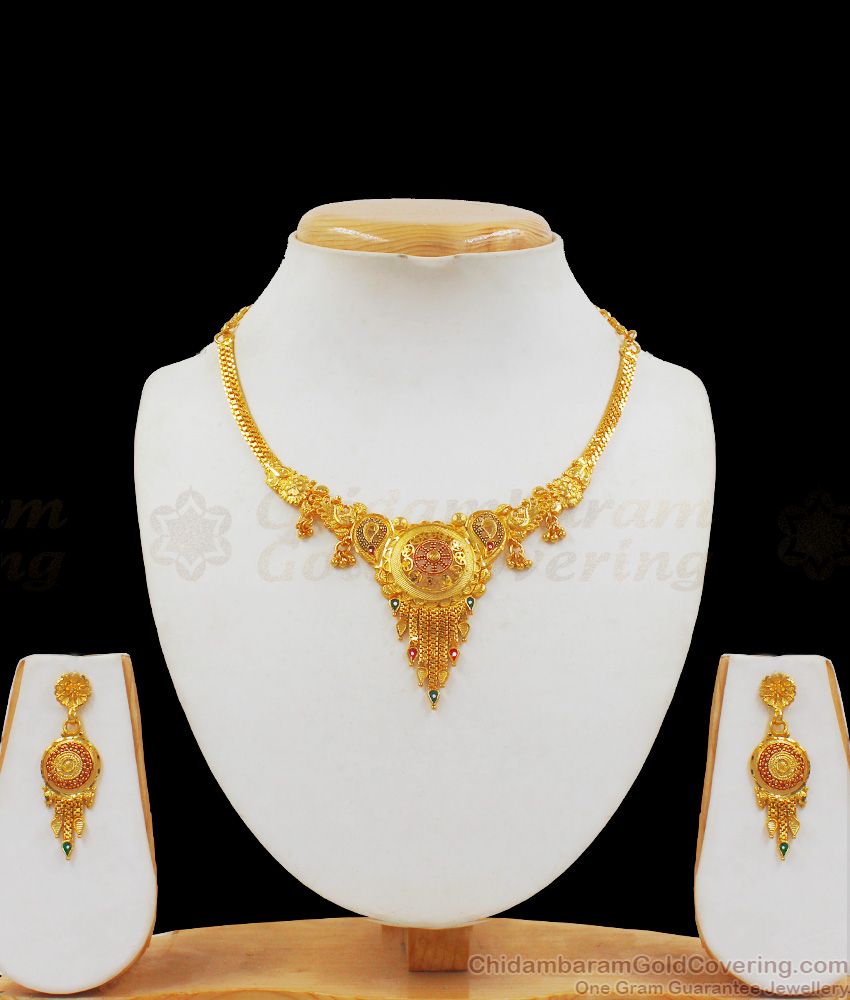 Unique Enamel Gold Necklace Set For Wedding Collections NCKN2097