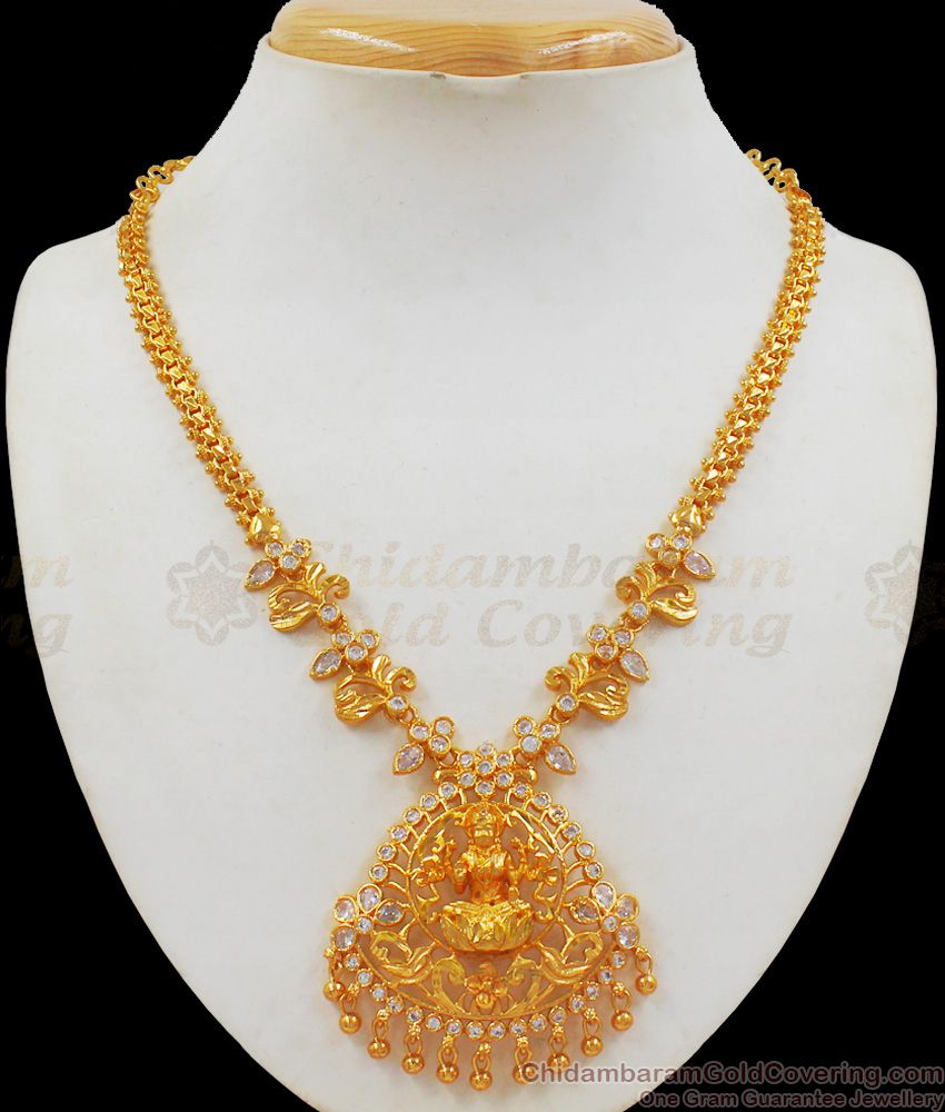 Sparkling White Polki Stone Lakshmi Design One Gram Gold Necklace NCKN2100