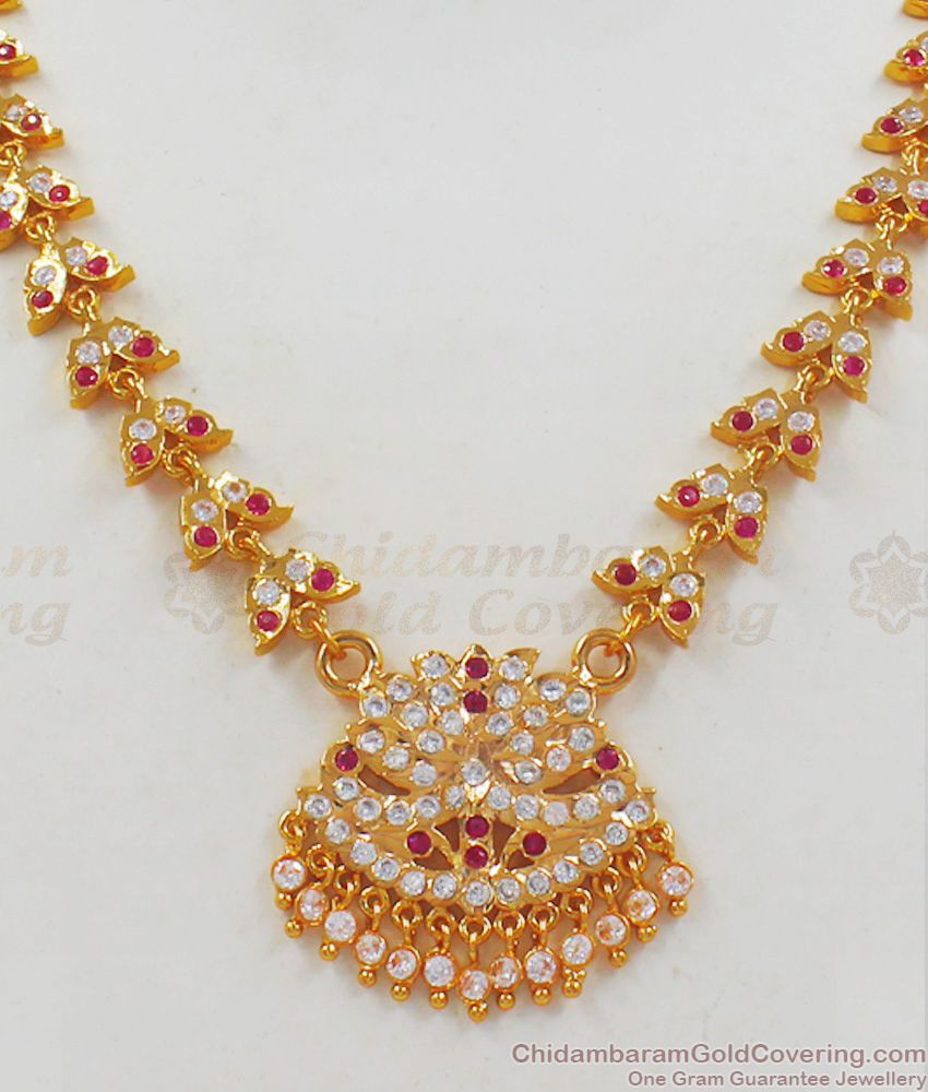 Original Impon Ruby White Stone Gold Necklace For Traditional Wear NCKN2115