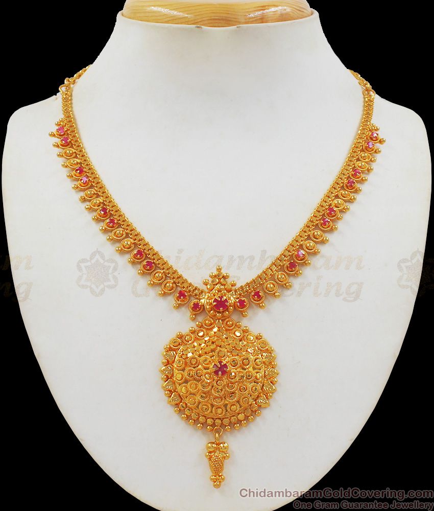 Bridal Wear Ruby Stone One Gram Gold Necklace Collections NCKN2122