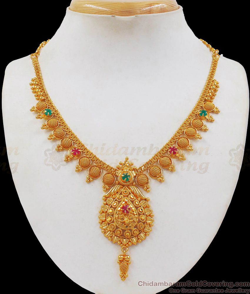 Latest Ruby Emerald Stone One Gram Gold Necklace For Bridal Wear NCKN2124