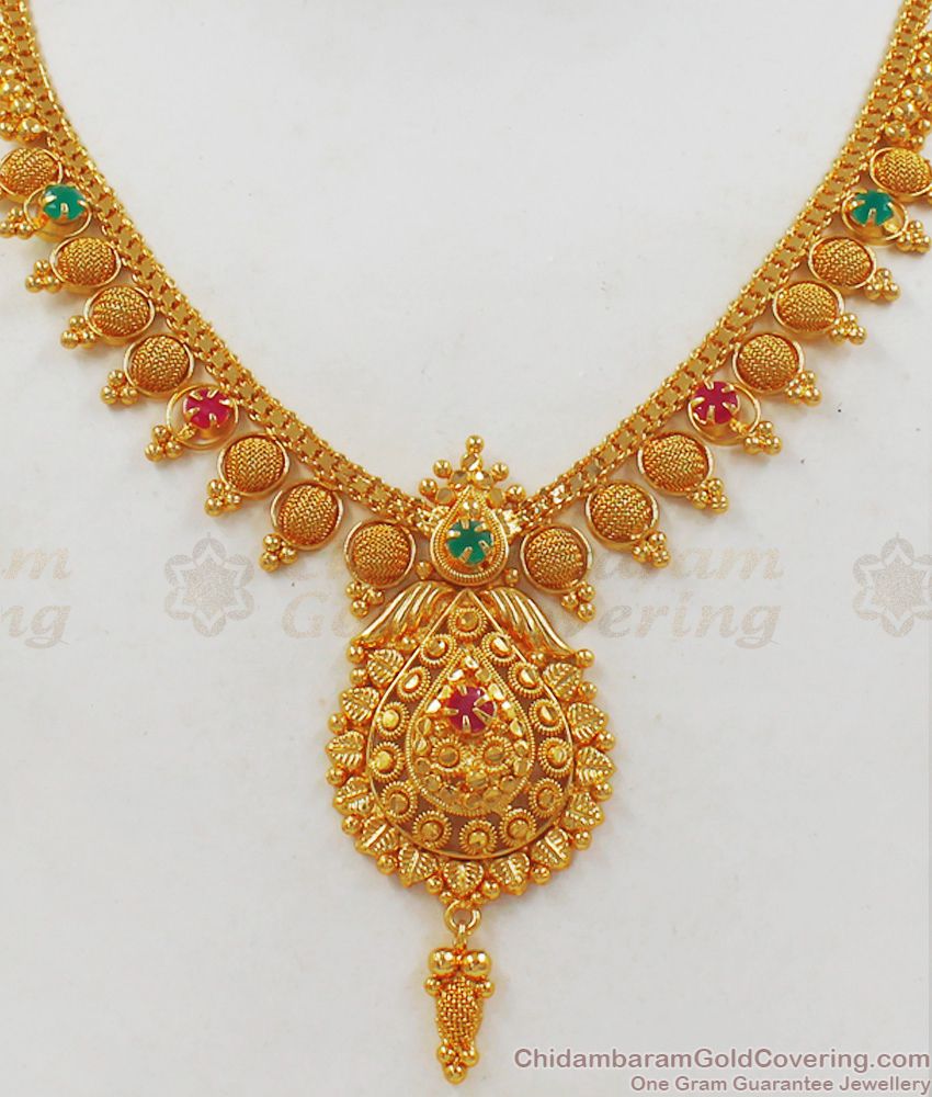 Latest Ruby Emerald Stone One Gram Gold Necklace For Bridal Wear NCKN2124 Latest Ruby Emerald Stone One Gram Gold Necklace For Bridal Wear NCKN2124