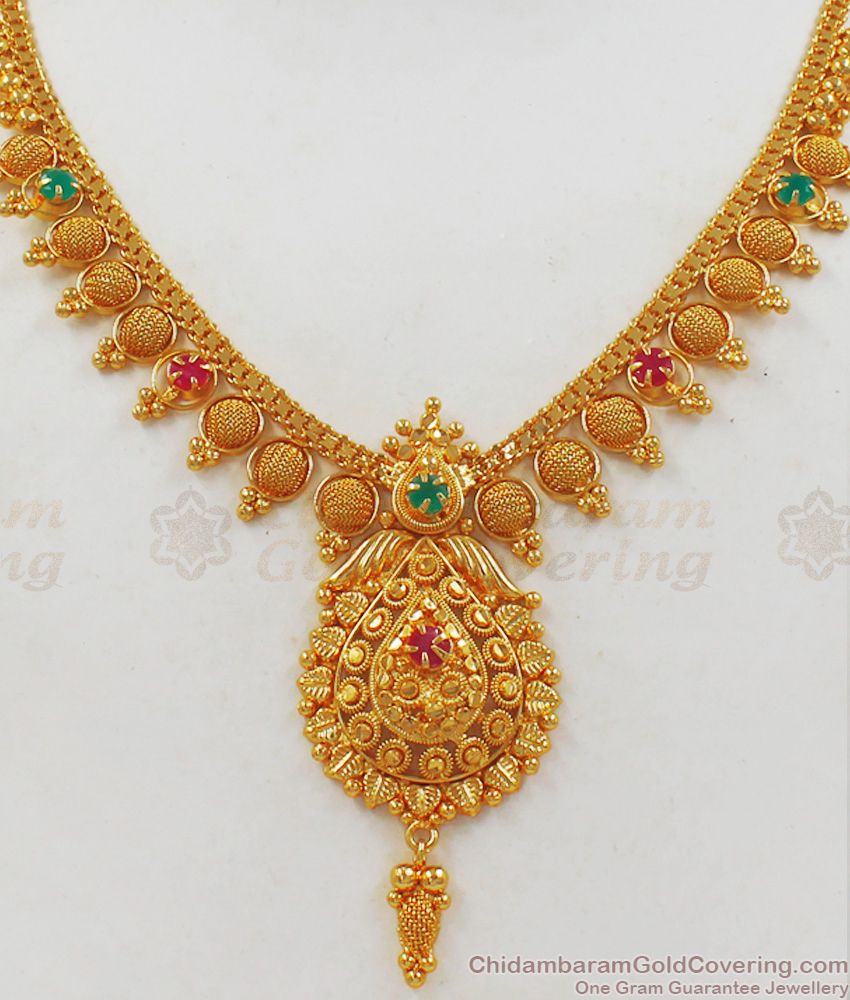 Latest Ruby Emerald Stone One Gram Gold Necklace For Bridal Wear NCKN2124