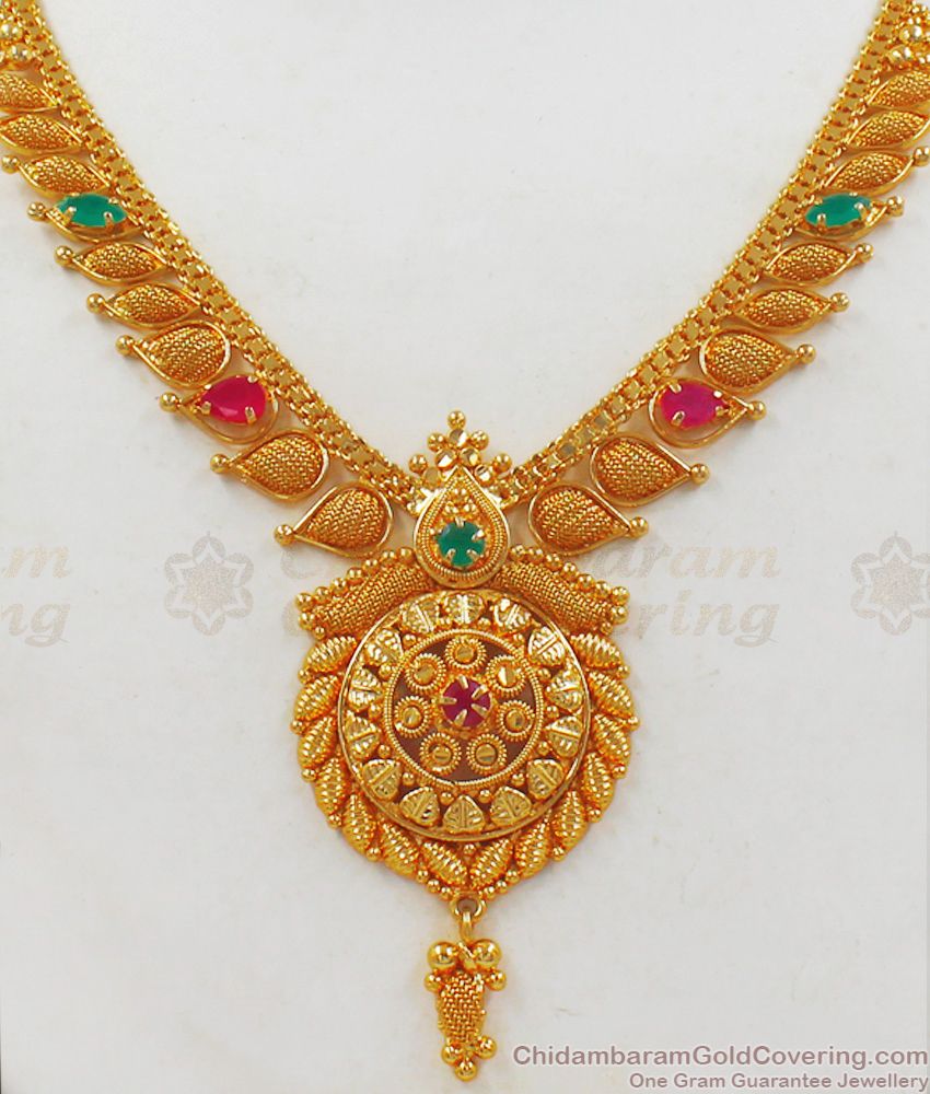 Ruby Emerald Stone One Gram Gold Necklace For Bridal Wear NCKN2125