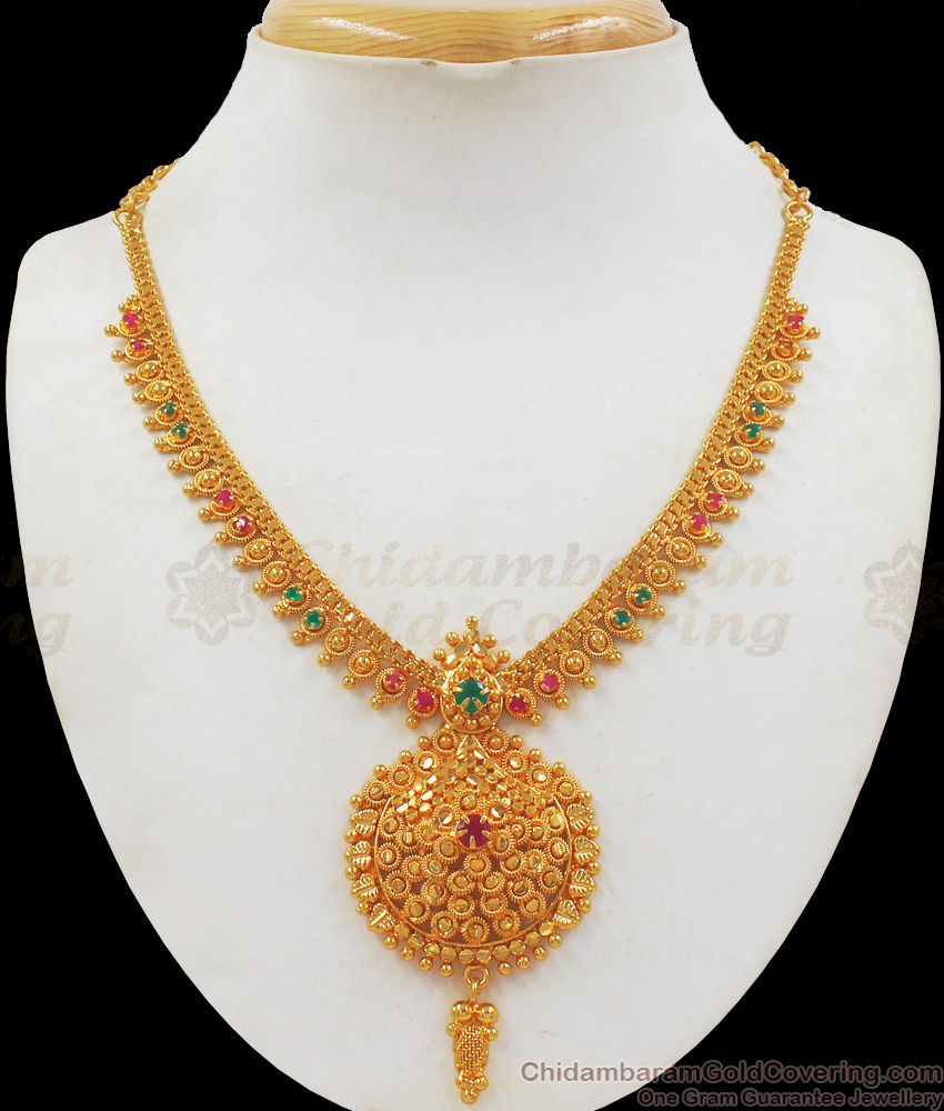 Latest Ruby Emerald Stone One Gram Gold Necklace For Bridal Wear NCKN2126