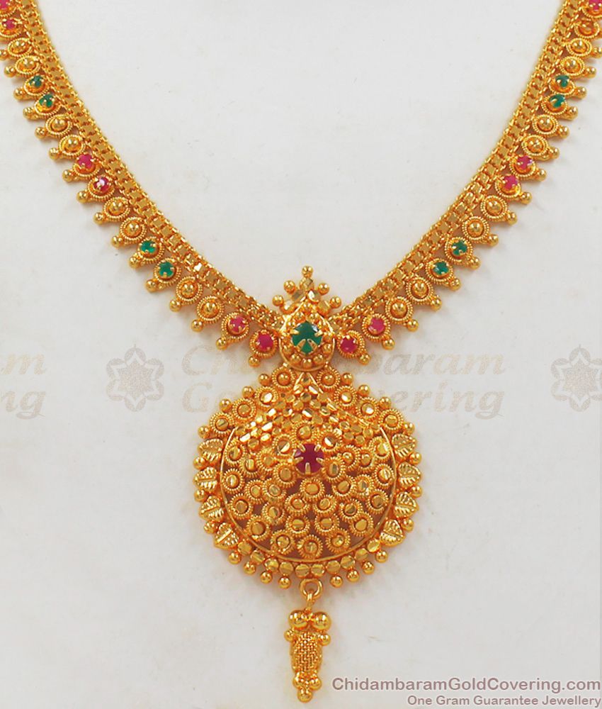 Latest Ruby Emerald Stone One Gram Gold Necklace For Bridal Wear NCKN2126