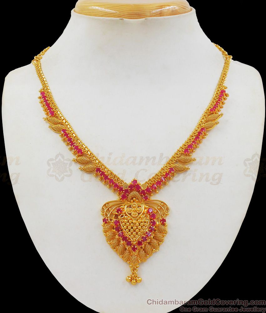 One Gram Gold Full Ruby Stone Gold Necklace For Bridal Wear NCKN2132