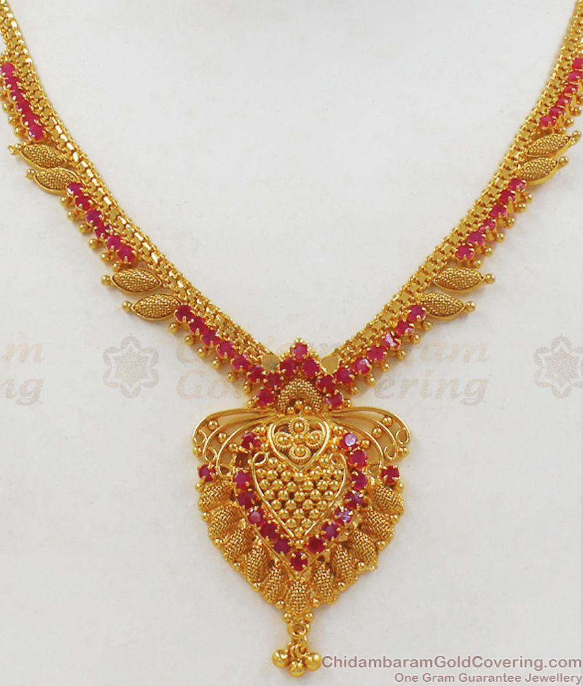 One Gram Gold Full Ruby Stone Gold Necklace For Bridal Wear NCKN2132