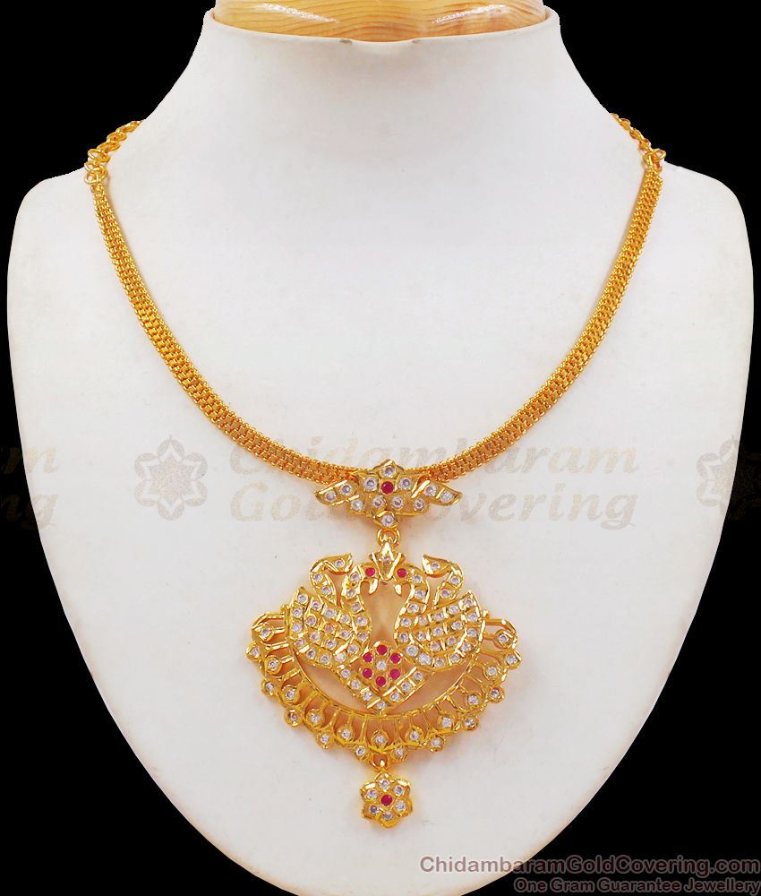 Peacock Design Ruby White Stone Impon Gold Necklace NCKN2154