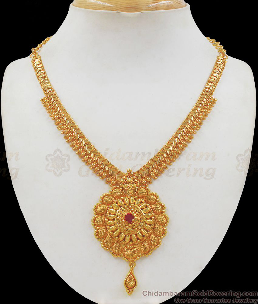 One Gram Gold Necklace With Single Ruby Stone Collections NCKN2157 One Gram Gold Necklace With Single Ruby Stone Collections NCKN2157