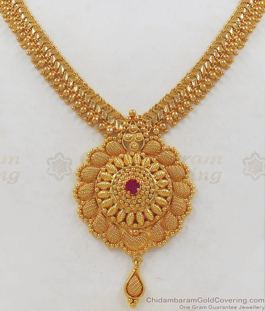 One Gram Gold Necklace With Single Ruby Stone Collections NCKN2157 One Gram Gold Necklace With Single Ruby Stone Collections NCKN2157
