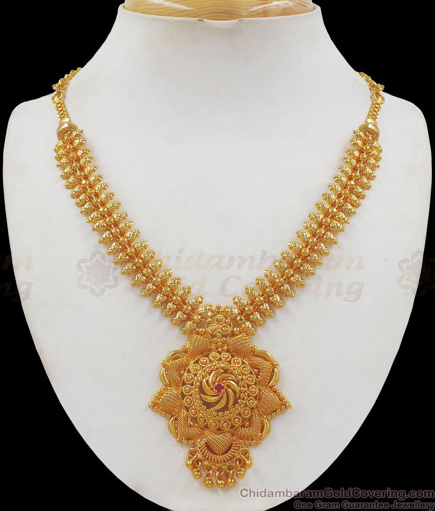Unique Gold Covering Necklace With Single Ruby Stone Collections NCKN2158