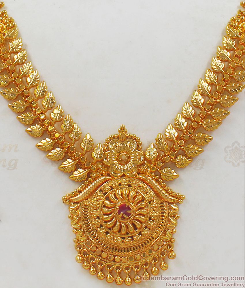 Unique Leaf Design Gold Necklace With Single Ruby Stone Collections NCKN2165