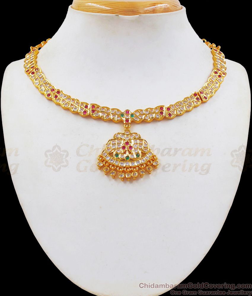 Impon Attigai Choker Gold Necklace Multi Stone Bridal Wear NCKN2181