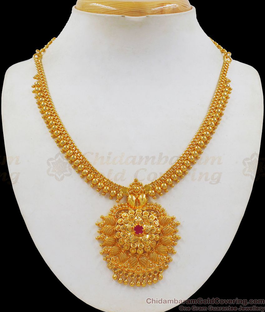 Single Ruby Stone Gold Imitation Necklace Jewelry for Silk Sarees NCKN2183