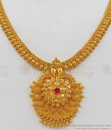 Single Ruby Stone Gold Imitation Necklace Jewelry for Silk Sarees NCKN2183