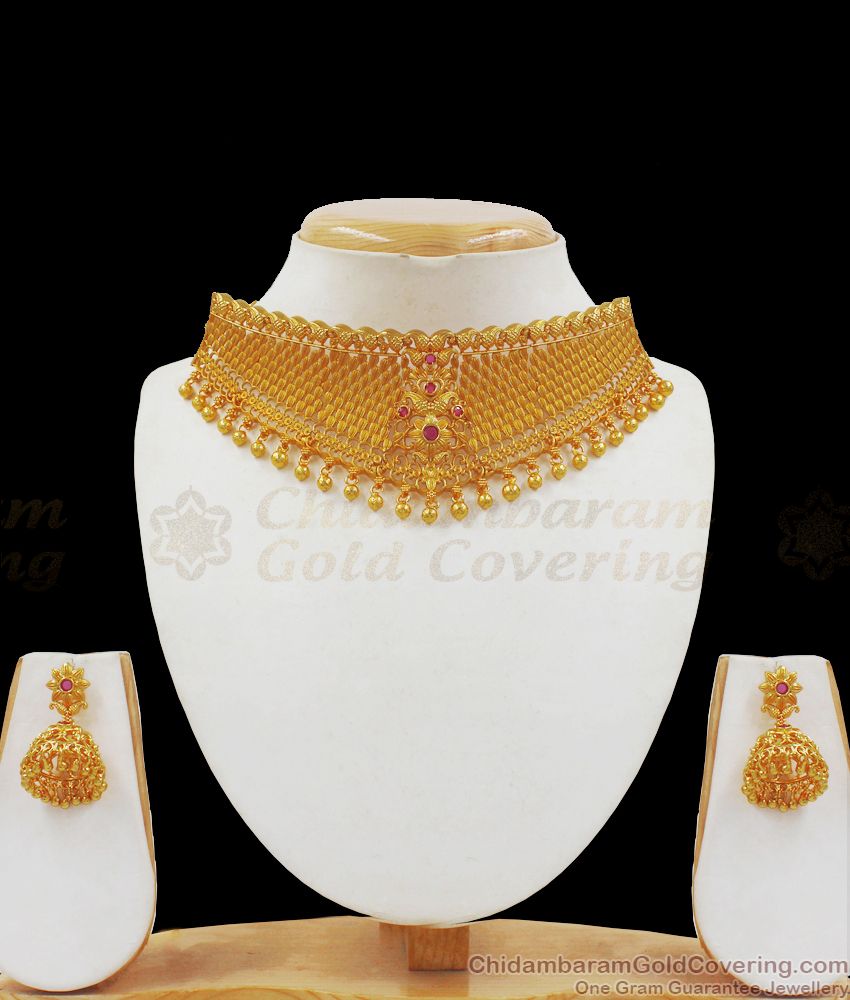 One Gram Gold Choker Design with Earrings Bridal Jewelry Collections NCKN2196