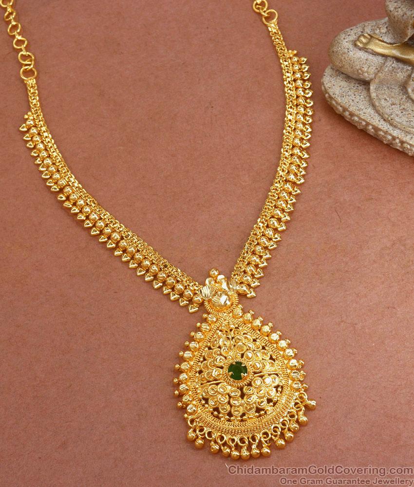 Elegant Gold Plated Necklace Emerald Stone Kerala Beaded Designs NCKN2242 Elegant Gold Plated Necklace Emerald Stone Kerala Beaded Designs NCKN2242