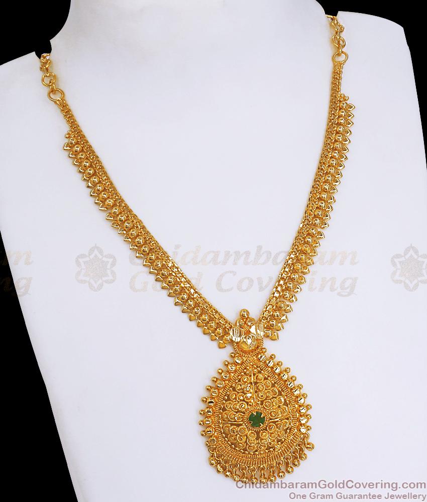 Elegant Gold Plated Necklace Emerald Stone Kerala Beaded Designs NCKN2242 Elegant Gold Plated Necklace Emerald Stone Kerala Beaded Designs NCKN2242
